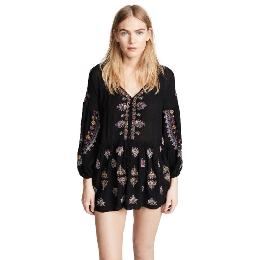 Free People Arianna Embroidered Tunic in Black XS